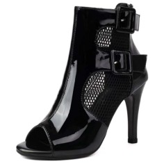 Peep Toe Ankle Buckle Straps Stiletto Heels Net Elegant Sandals - Black Patent