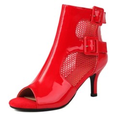 Peep Toe Ankle Buckle Straps Stiletto Heels Net Elegant Sandals - Red Patent