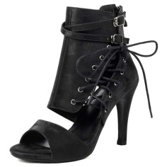 Peep Toe Side Lace Up Ankle buckle Straps Stiletto Heels Booties Summer Sandals - Black Flock