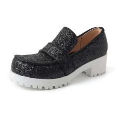 Round Toe Chunky Heels Shiny Glitters Oxford Loafers - Black Microfiber