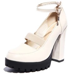 Round Toe Elastic Band Rhinestones Ankle Buckle Straps Chunky Heels Platforms Pumps - Beige Patent