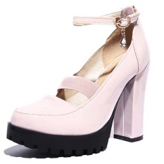 Round Toe Elastic Band Rhinestones Ankle Buckle Straps Chunky Heels Platforms Pumps - Pink Patent