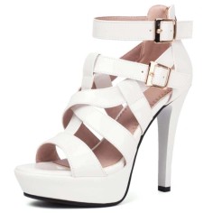 Peep Toe Ankle Buckle Straps Stiletto Heels Platforms Summer Sandals - White Patent