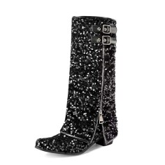 Round Toe Polka Dot Sequin Circle Glitter Flipped Zipper Double Breasted Novelty Knee Highs Bling Reflective Boots - Black Fabric