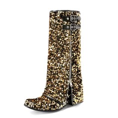 Round Toe Polka Dot Sequin Circle Glitter Flipped Zipper Double Breasted Novelty Knee Highs Bling Reflective Boots - Gold Fabric