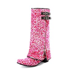Round Toe Polka Dot Sequin Circle Glitter Flipped Zipper Double Breasted Novelty Knee Highs Bling Reflective Boots - Pink Fabric