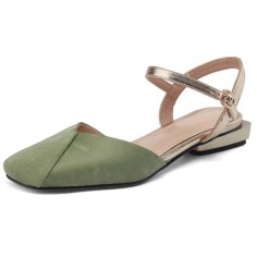 Round Toe Vintage Style Flats Ankle Buckle Straps Sandals - Green Microfiber