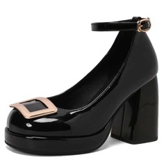 Round Toe Chunky Heels Elegant Party Wedding Platforms Ankle Straps Pumps - Black Patent