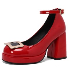 Round Toe Chunky Heels Elegant Party Wedding Platforms Ankle Straps Pumps - Red Patent