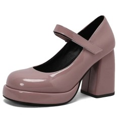 Round Toe Chunky Heels Elegant Party Wedding Platforms Mary Janes Pumps - Purple Patent