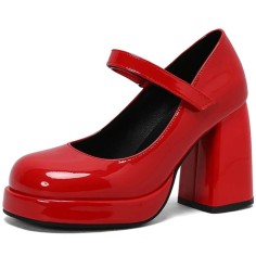 Round Toe Chunky Heels Elegant Party Wedding Platforms Mary Janes Pumps - Red Patent