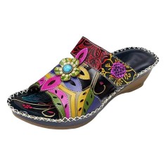 Peep Toe Flower Stitch Decorated Beach Slope Sandals Slippers - Black Faux Leather