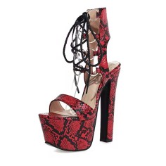 Peep Toe Snake Print Lace Up Platforms Chunky Heels Sandals - Red Faux Leather