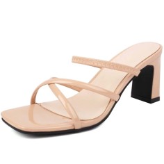 Square Open Toe Chunky Heels Cross Straps Slingback Summer Slippers Sandals  - Beige Patent