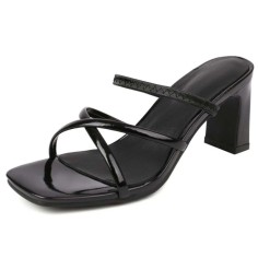 Square Open Toe Chunky Heels Cross Straps Slingback Summer Slippers Sandals  - Black Patent