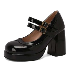 Round Toe Chunky Heels Double Mary Janes Straps Low Platforms Pumps - Black Patent