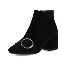 Round Toe Metal Buckle Decorated Side Zipper Ankle Highs Chunky Heels Boots - Black Flock
