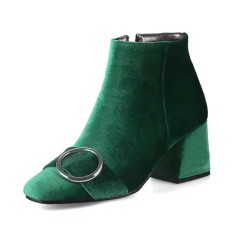 Round Toe Metal Buckle Decorated Side Zipper Ankle Highs Chunky Heels Boots - Green Flock
