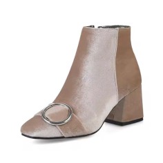 Round Toe Metal Buckle Decorated Side Zipper Ankle Highs Chunky Heels Boots - Apricot Tan Flock
