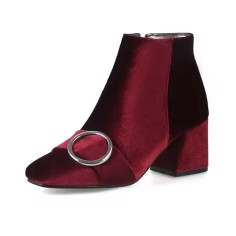 Round Toe Metal Buckle Decorated Side Zipper Ankle Highs Chunky Heels Boots - Red Flock
