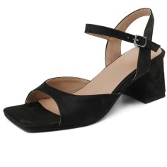 Square Open Toe Chunky Heels Ankle Buckle Straps Summer Sandals  - Black Satin