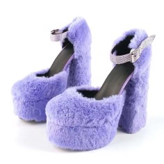 Round Toe Platforms Ankle Buckle Mary Janes Rhinestones Straps Chunky Heels Pumps - Lavender Plush
