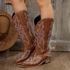 Pointed Toe Knee Highs Mid Calf Vintage Style Cowgirl Boots - Brown Faux Leather