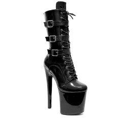 Round Toe Stiletto Heels Ankle Highs Lace Up Side Zipper Buckle Straps Booties  - Black Patent