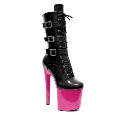 Round Toe Stiletto Heels Ankle Highs Lace Up Side Zipper Buckle Straps Booties  - Black HotPink Patent