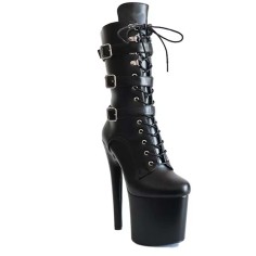 Round Toe Stiletto Heels Ankle Highs Lace Up Side Zipper Buckle Straps Booties  - Black Faux Leather