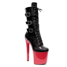 Round Toe Stiletto Heels Ankle Highs Lace Up Side Zipper Buckle Straps Booties  - Black Red Patent