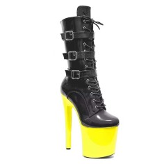Round Toe Stiletto Heels Ankle Highs Lace Up Side Zipper Buckle Straps Booties  - Black Yellow Patent