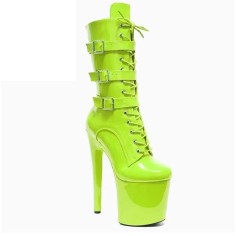 Round Toe Stiletto Heels Ankle Highs Lace Up Side Zipper Buckle Straps Booties  - LightGreen Patent