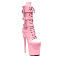 Round Toe Stiletto Heels Ankle Highs Lace Up Side Zipper Buckle Straps Booties  - Pink Patent