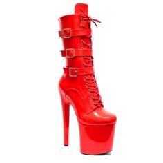 Round Toe Stiletto Heels Ankle Highs Lace Up Side Zipper Buckle Straps Booties  - Red Patent