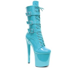 Round Toe Stiletto Heels Ankle Highs Lace Up Side Zipper Buckle Straps Booties  - SkyBlue Patent