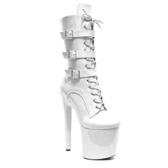 Round Toe Stiletto Heels Ankle Highs Lace Up Side Zipper Buckle Straps Booties  - White Patent