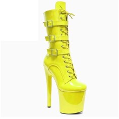 Round Toe Stiletto Heels Ankle Highs Lace Up Side Zipper Buckle Straps Booties  - Yellow Patent
