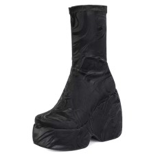 Round Toe Lace Up Punk Gothic Ankle Highs  Platforms Chunky Heels Boots - Black Stretch Fabric