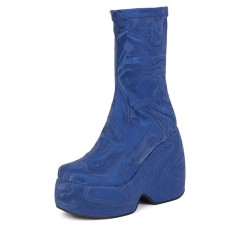 Round Toe Lace Up Punk Gothic Ankle Highs  Platforms Chunky Heels Boots - Blue Stretch Fabric