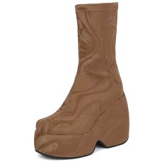 Round Toe Lace Up Punk Gothic Ankle Highs  Platforms Chunky Heels Boots - Brown Stretch Fabric