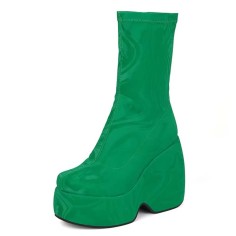 Round Toe Lace Up Punk Gothic Ankle Highs  Platforms Chunky Heels Boots - Green Stretch Fabric