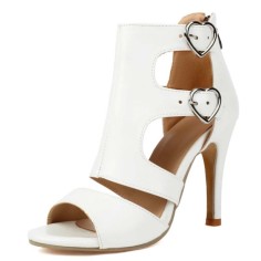 Peep Toe Stiletto Heels Double Heart Shaped Ankle Buckle Straps Sandals - White Faux Leather