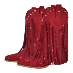 Pointed Toe Mid Calf Rhinestones Bling Chunky Heels Fringe Western Cowgirl Boots - Red Synthetic