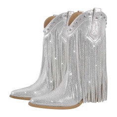 Pointed Toe Mid Calf Rhinestones Bling Chunky Heels Fringe Western Cowgirl Boots - Silver Synthetic