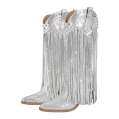 Pointed Toe Mid Calf Rhinestones Bling Chunky Heels Fringe Western Cowgirl Pull On Boots - Silver Synhetic