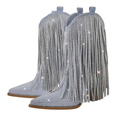 Pointed Toe Mid Calf Rhinestones Bling Chunky Heels Fringe Western Cowgirl Boots - LightBlue Denim