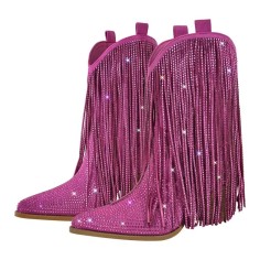 Pointed Toe Mid Calf Rhinestones Bling Chunky Heels Fringe Western Cowgirl Boots - HotPink Flock