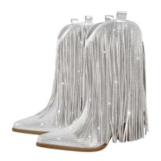 Pointed Toe Mid Calf Rhinestones Bling Chunky Heels Fringe Western Cowgirl Boots - Silver Faux Leather