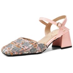 Square Toe Chunky Heels Ankle Buckle Straps Elegant Summer Sandals  - Pink Microfiber